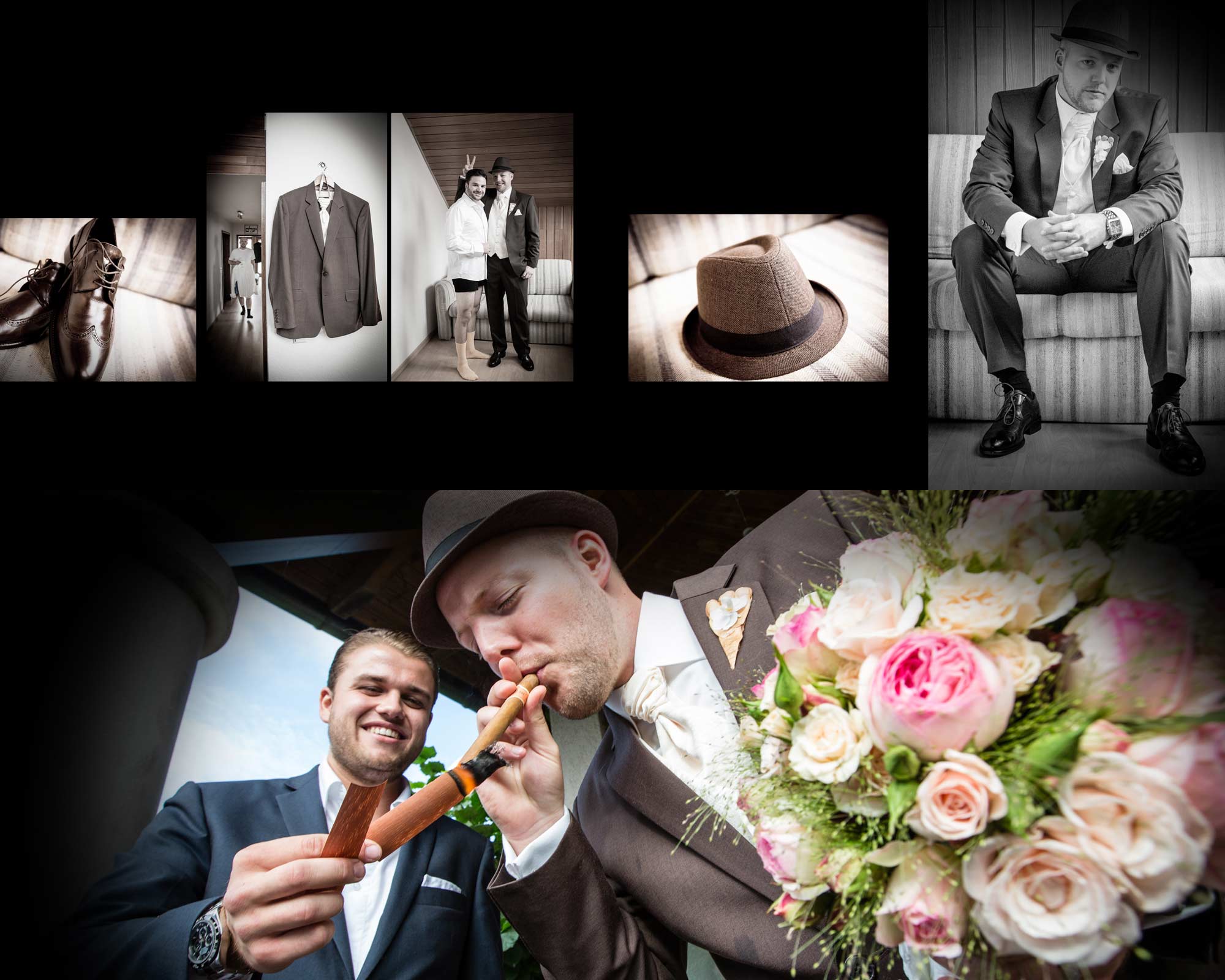 Weddingbook Bräutigam beim Anziehen und Zigarre rauchen